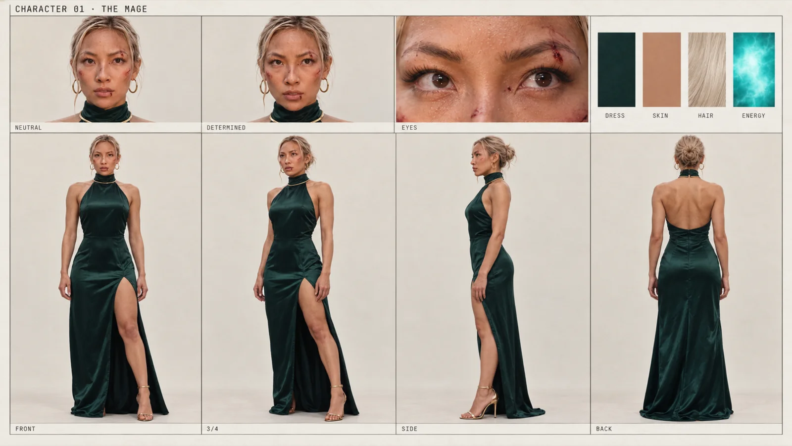 Character sheet for MAGEKIND: the mage, with face, expressions, outfit turnaround and colour swatches