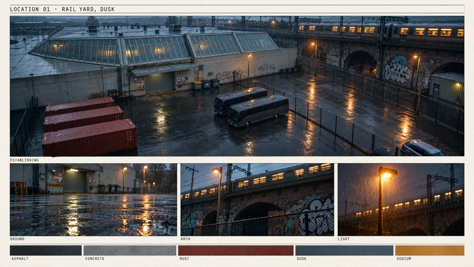 Location sheet for MAGEKIND: a rail yard at dusk, with an establishing shot and three detail plates