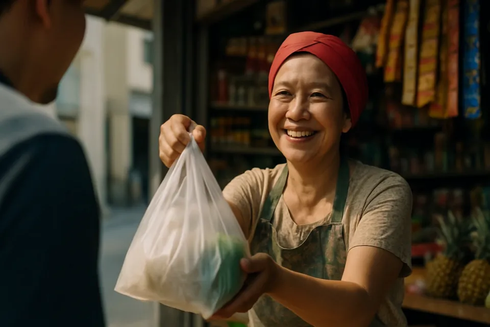 AI animatic for Google Cloud APAC: the warung owner hands a customer a bag of shopping