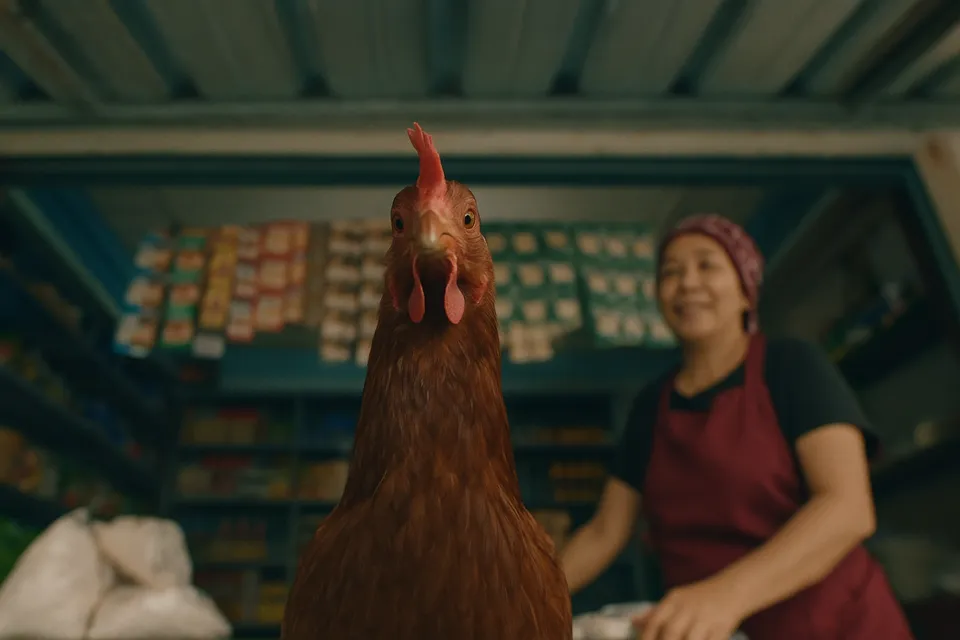 AI storyboard frame, shot 2: a hen at the warung counter, the owner behind it