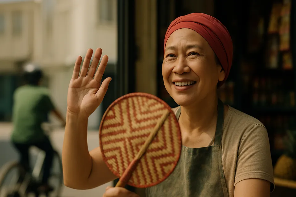 AI storyboard frame, shot 3-2: the owner waves a woven fan at a passing cyclist