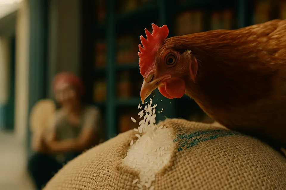 AI storyboard frame, shot 4: the hen pecks at a sack of rice