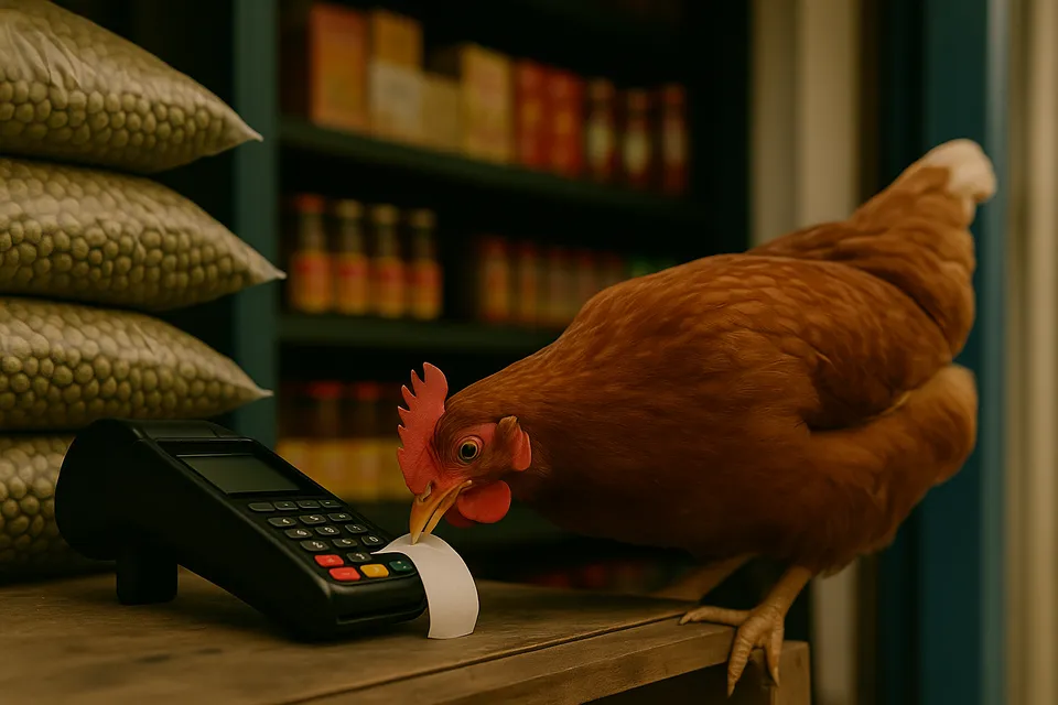 AI storyboard frame, shot 6-1: the hen beside a card payment terminal