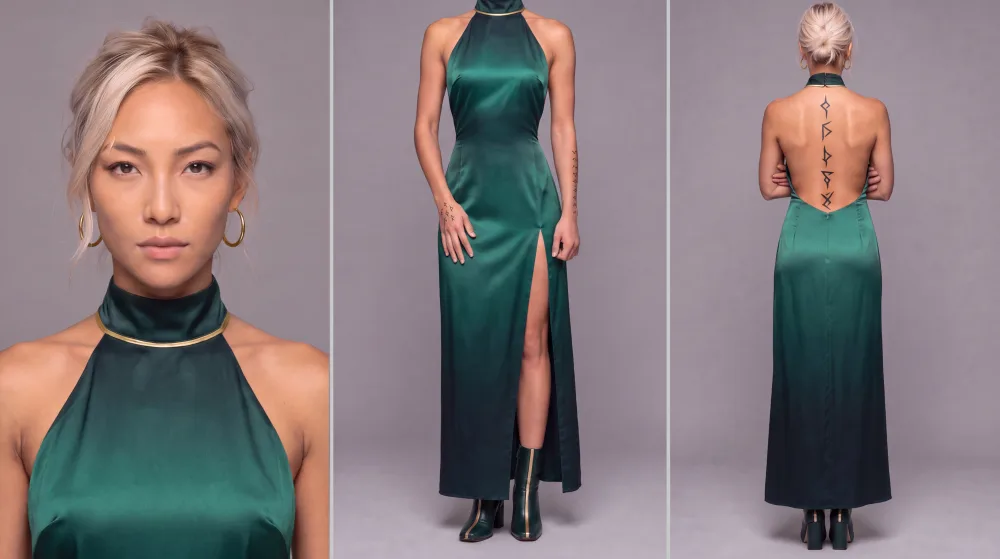 Character sheet for MAGEKIND: Emma in a green halter dress, face, front and back