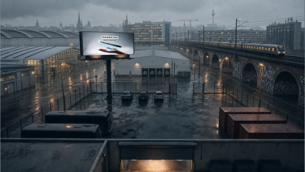 Location plate for MAGEKIND: a rain-soaked loading bay and rail line at dusk