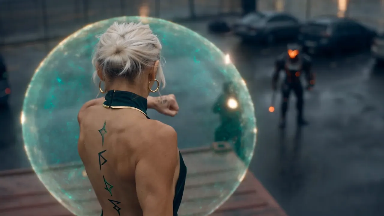 The same shot finished: a glowing green fist strikes beside the armoured officer