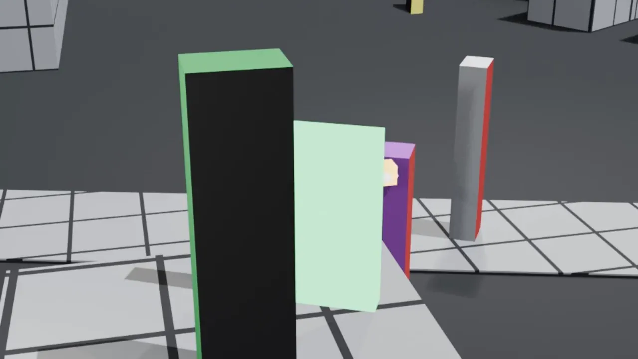 Blender previs of the fist shot: a teal block standing in for the spell