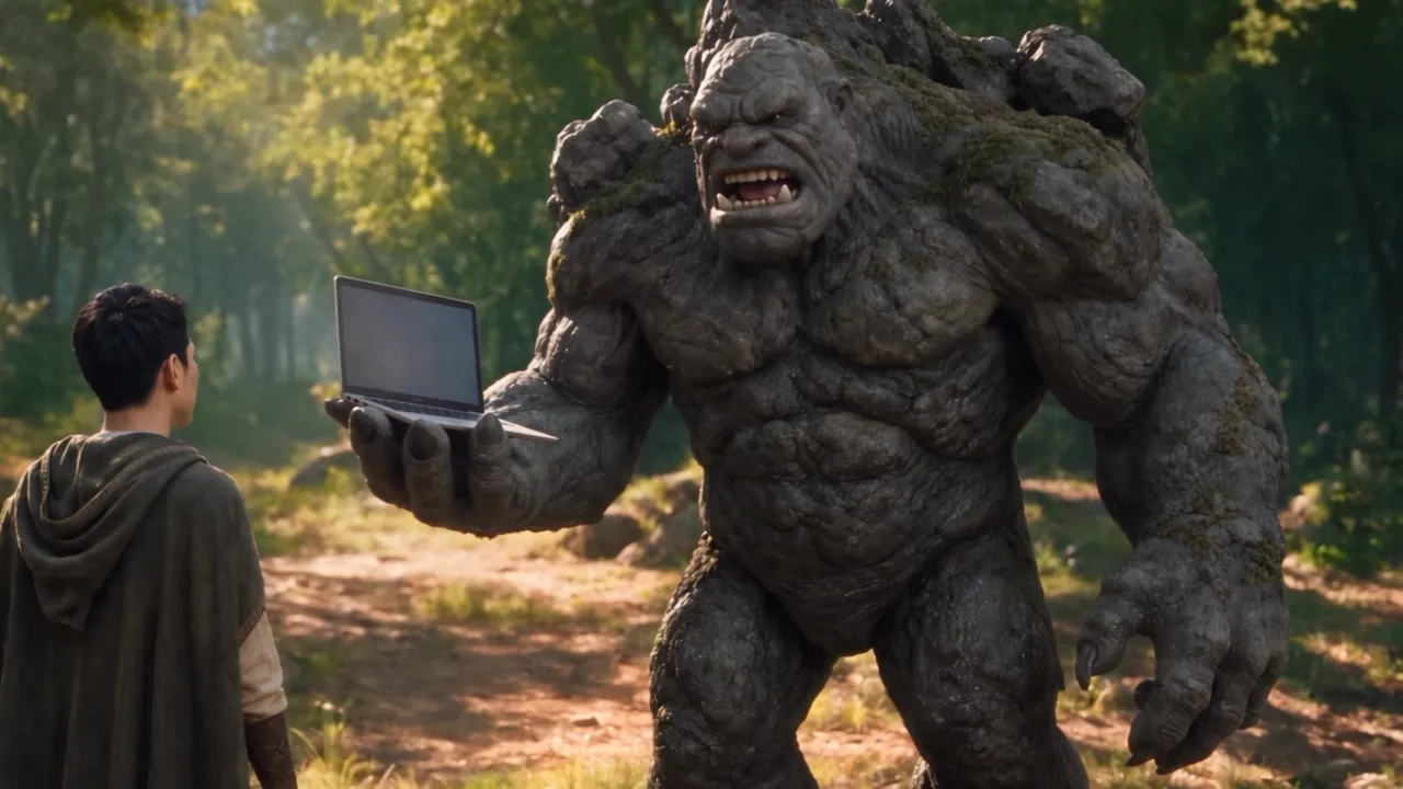 OLOG the Troll: the troll holds a laptop out to the cloaked guide in a sunlit forest