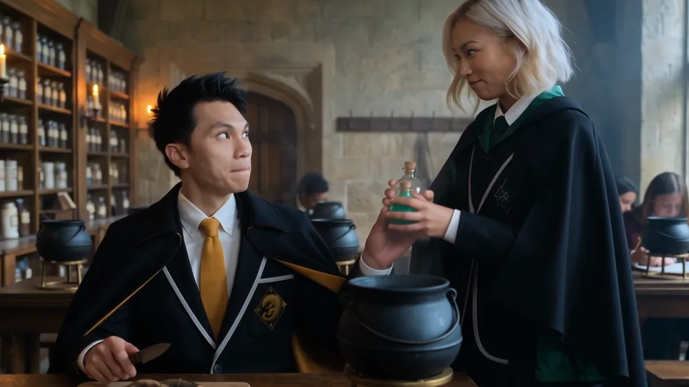 A finished frame from Potterverse: the same character in the potions classroom, beside a cauldron