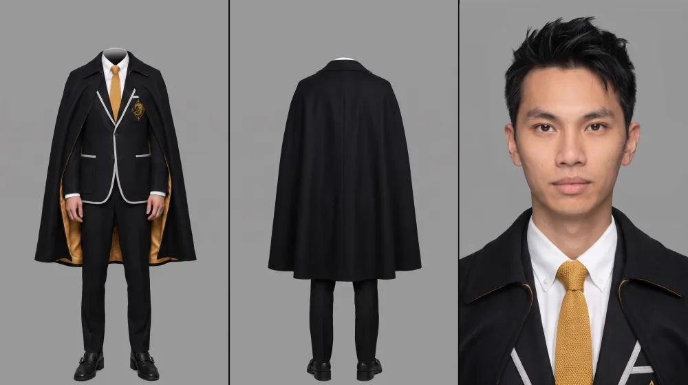 Character sheet for Potterverse: the lead in a black school cape with a gold tie, front, back and face
