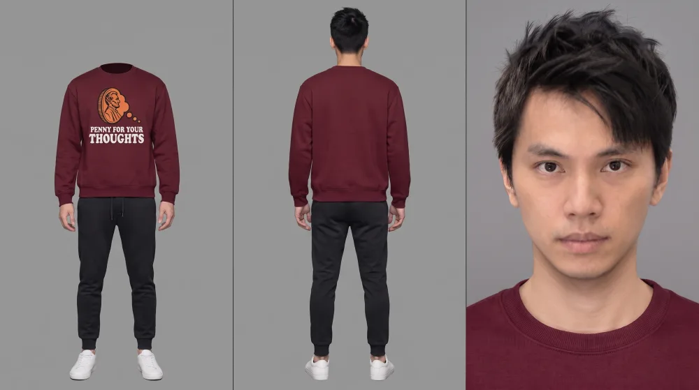 Character sheet for AI Roommates: the lead in a maroon sweatshirt, front, back and face