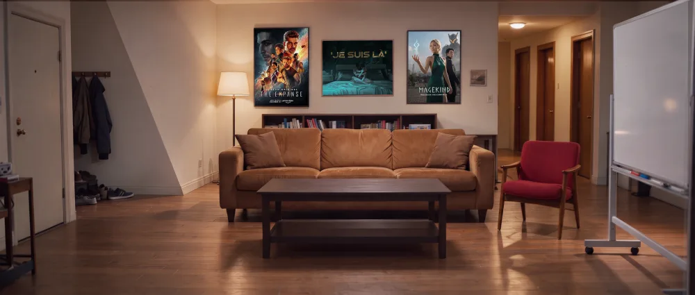 Set sheet for AI Roommates: the apartment living room with a tan sofa, posters and a whiteboard